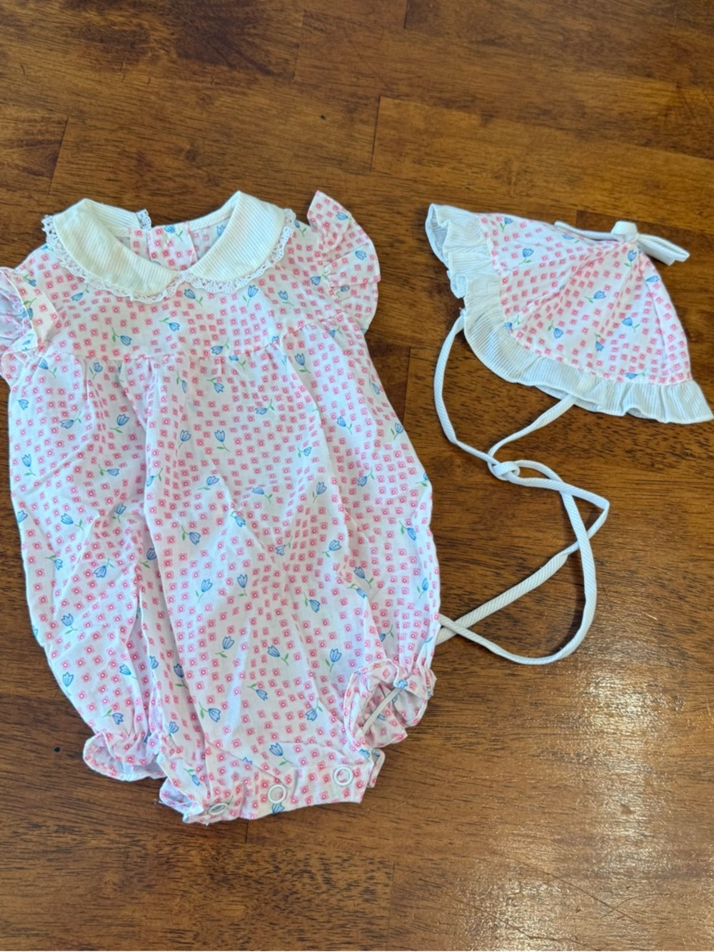 Vintage Pink Floral Baby Bubble Romper with Matching Bonnet measures 12-18 month
